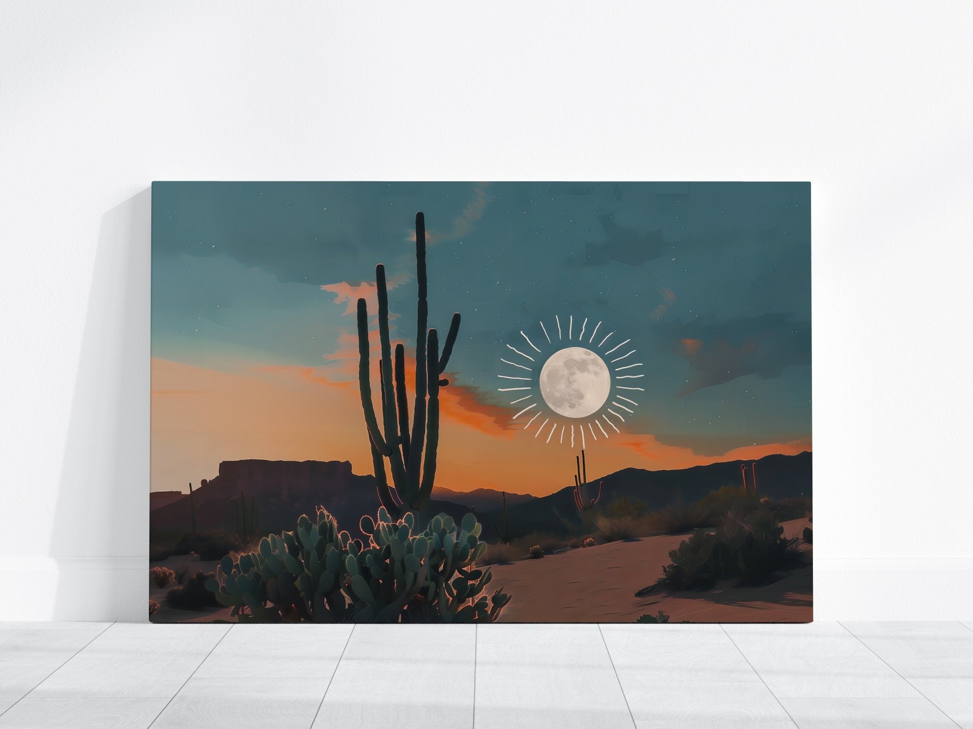 Desert Dream: Sun and Moon Cactus Art | Boho Southwest Joshua Tree Landscape