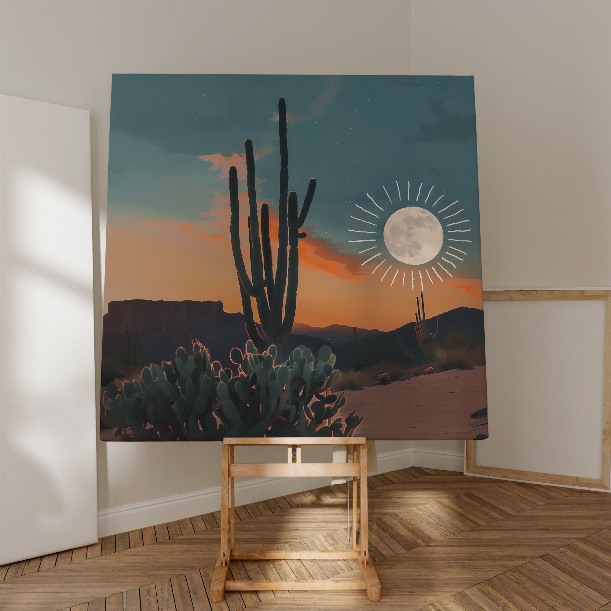 Desert Dream: Sun and Moon Cactus Art | Boho Southwest Joshua Tree Landscape