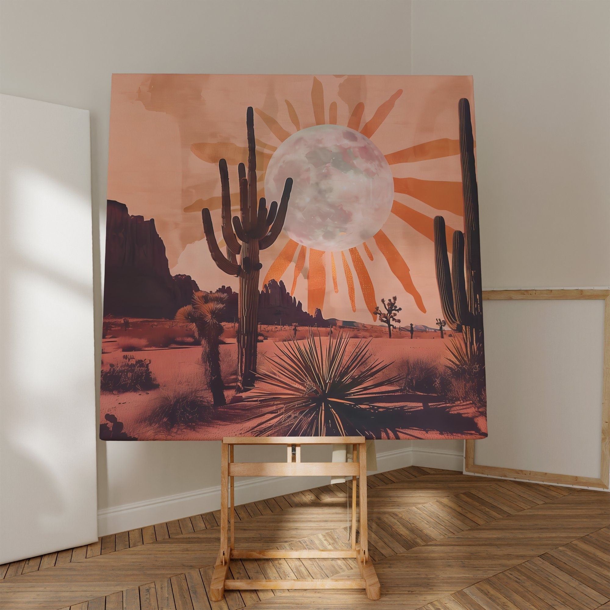 Desert Dream: Sun and Moon Cactus Art | Boho Southwest Joshua Tree Landscape