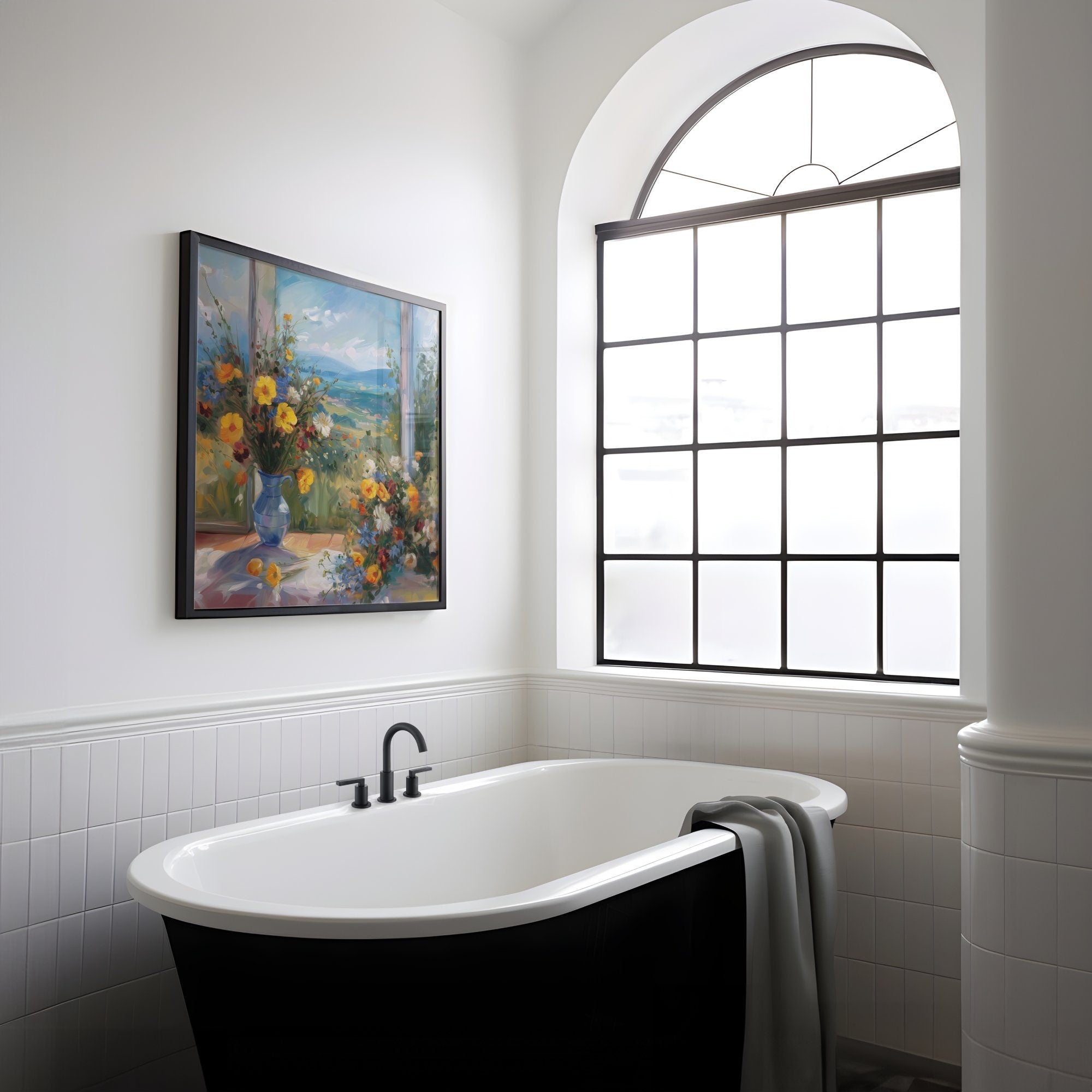 The Sanctuary Window: Cascading Flowers & Landscape View | Serene & Peaceful Wall Art