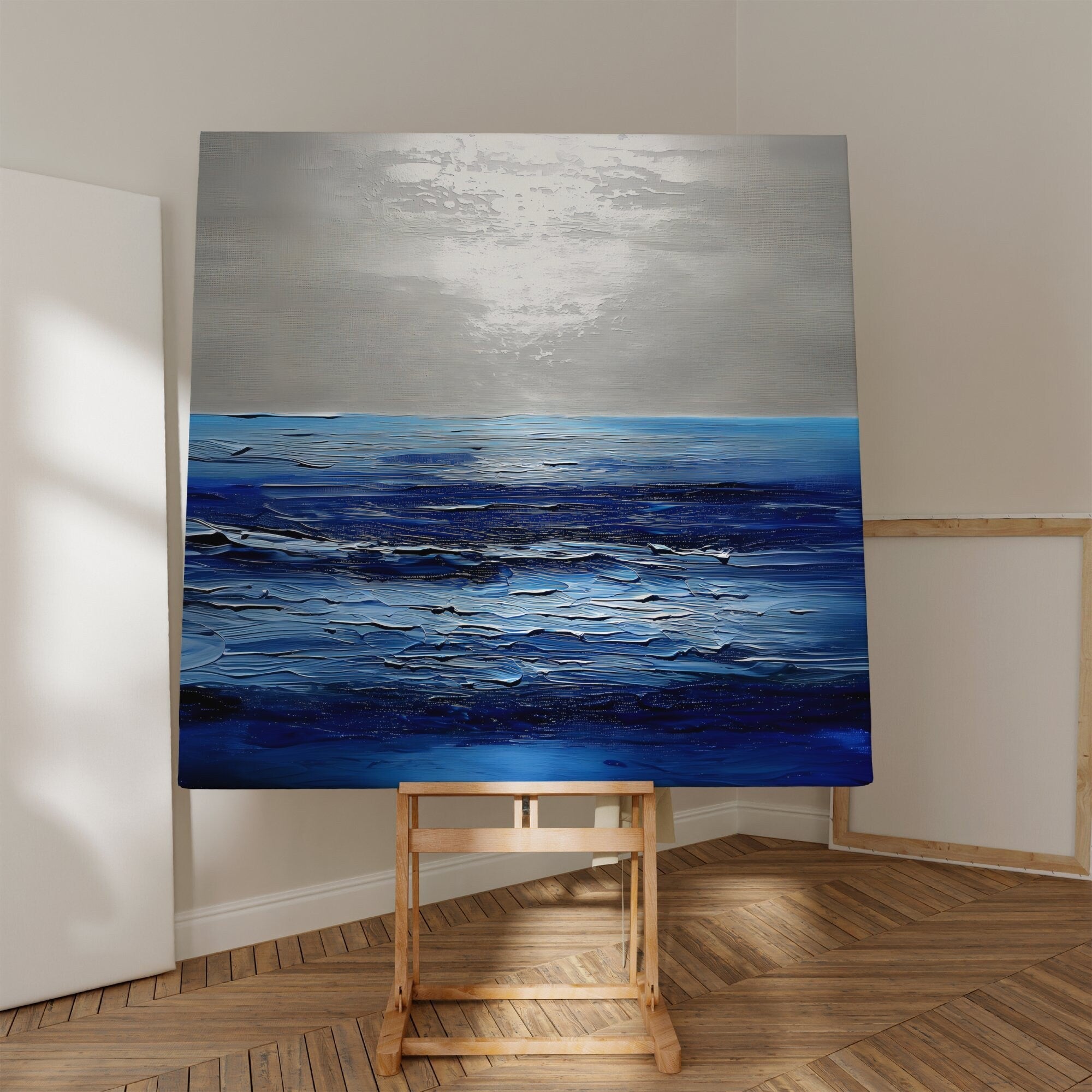 The Azure Horizon: Persian Blue & Silver Abstract Seascape | Serene & Modern Oceanic Art