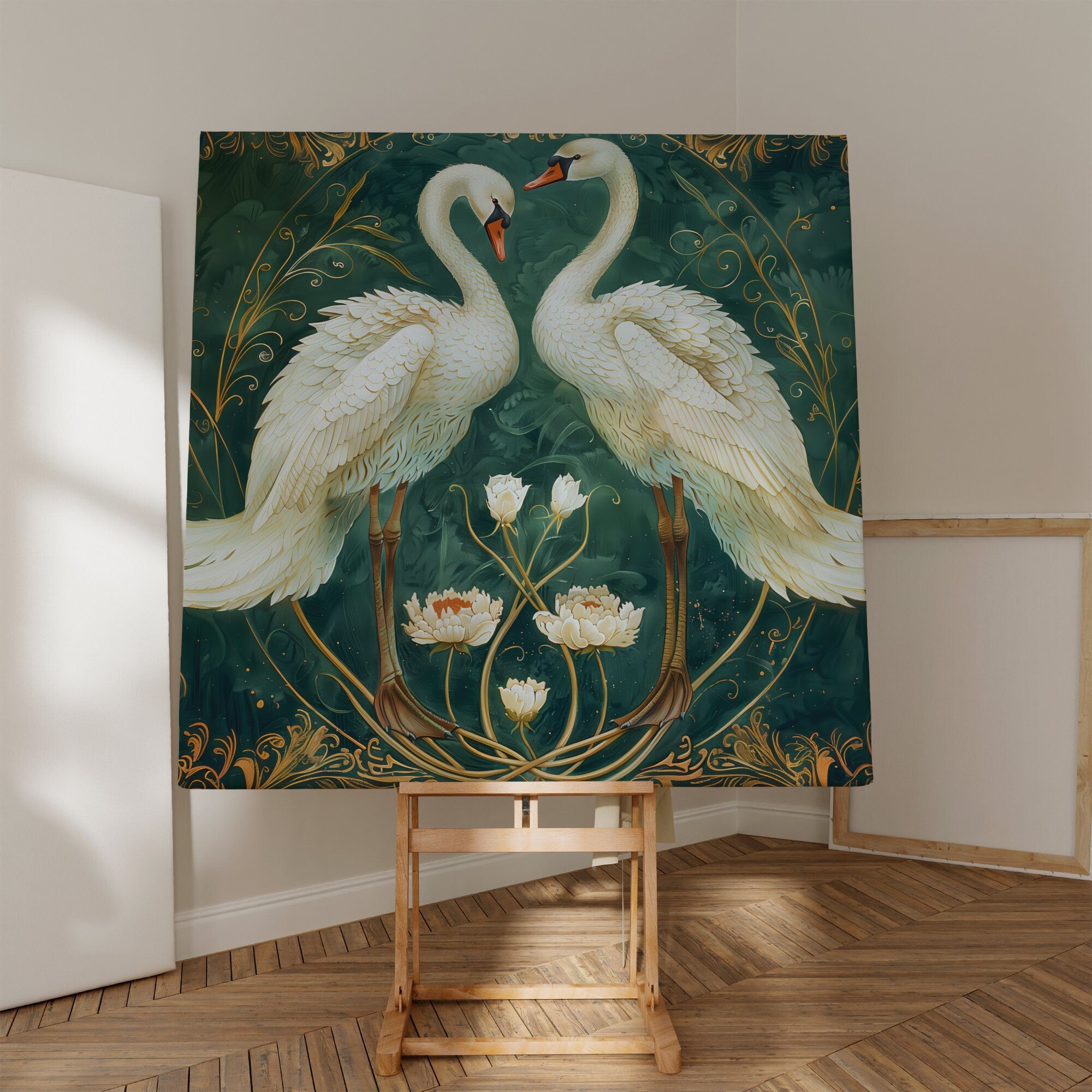 Vintage White Swans Emerald Green Interactive Wall Art