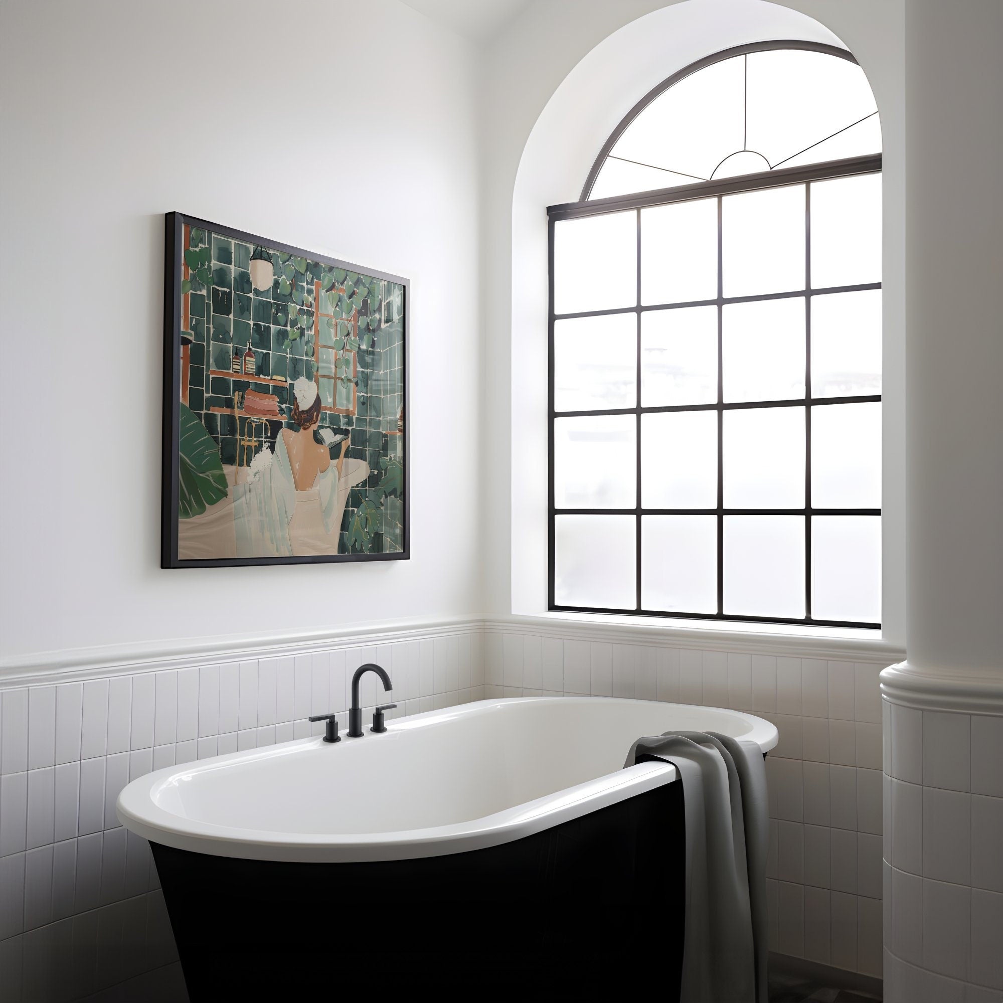 Contemporary Watercolor Woman in Bath with Ivy Green Interactive Wall Art