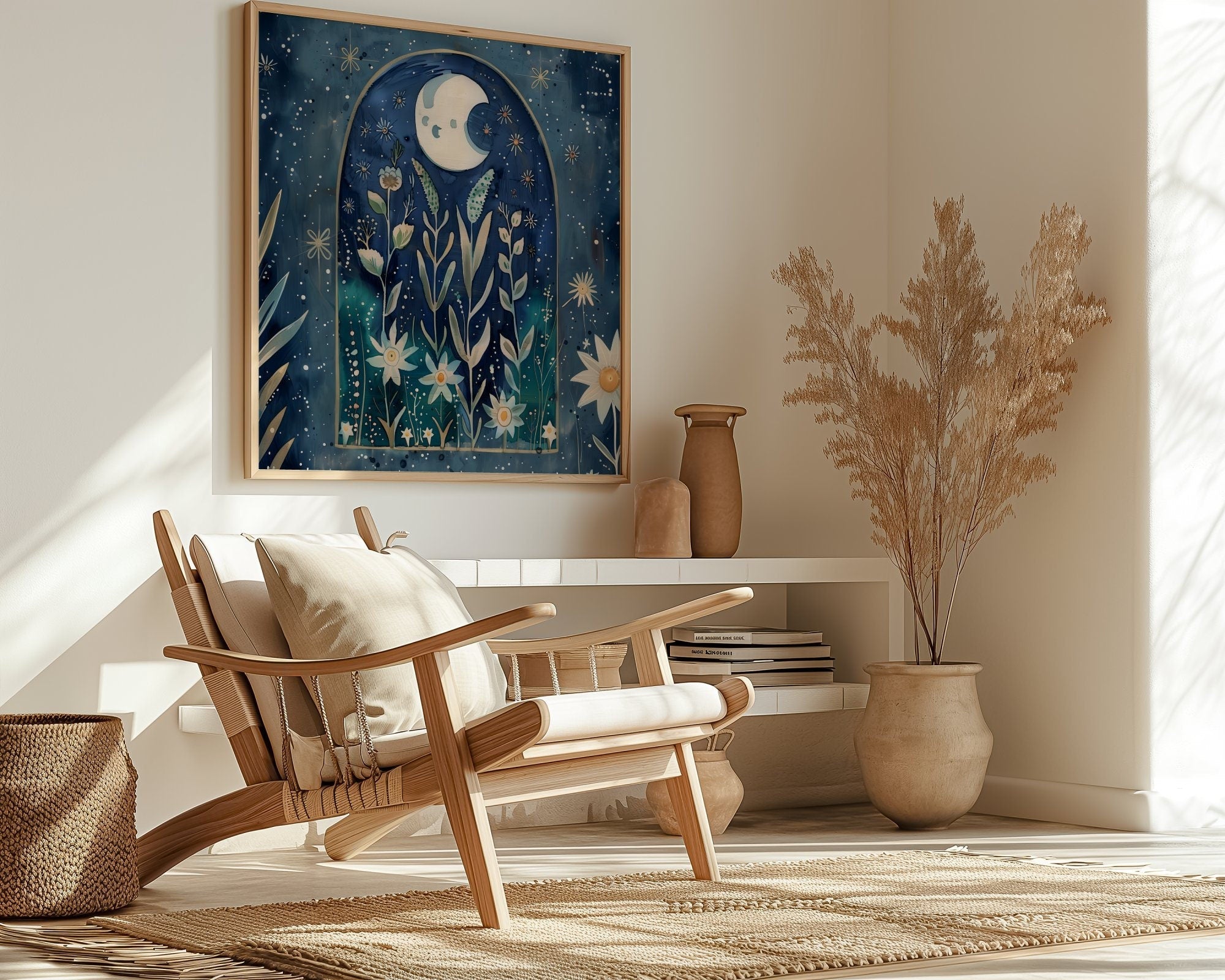 The Celestial Garden: Moon Phase & Floral Star Art | Boho, Spiritual & Vintage Wall Decor