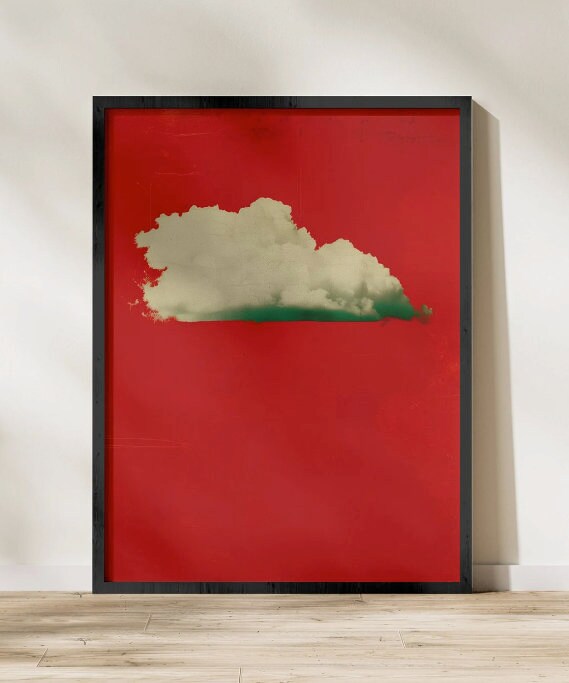 Moody Vintage Wall Decor – Red Sky Art With Lonely Cloud | Dramatic Emotional Print