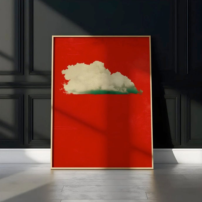Moody Vintage Wall Decor – Red Sky Art With Lonely Cloud | Dramatic Emotional Print