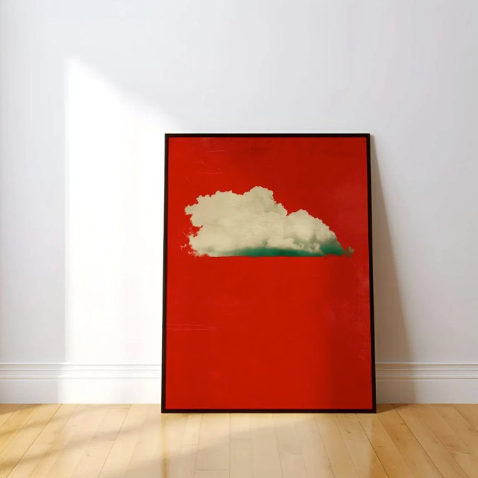 Moody Vintage Wall Decor – Red Sky Art With Lonely Cloud | Dramatic Emotional Print