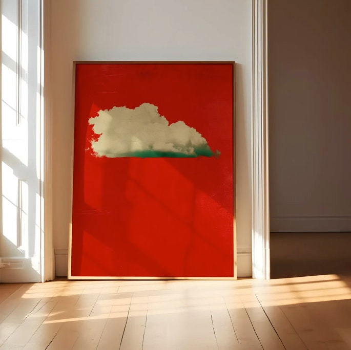 Moody Vintage Wall Decor – Red Sky Art With Lonely Cloud | Dramatic Emotional Print