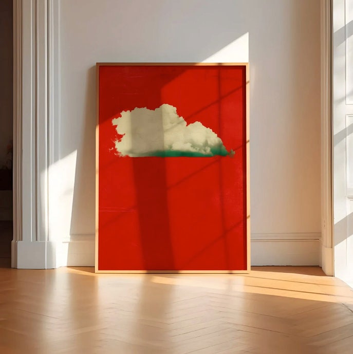 Moody Vintage Wall Decor – Red Sky Art With Lonely Cloud | Dramatic Emotional Print