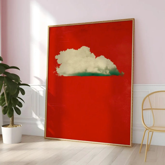 Moody Vintage Wall Decor – Red Sky Art With Lonely Cloud | Dramatic Emotional Print
