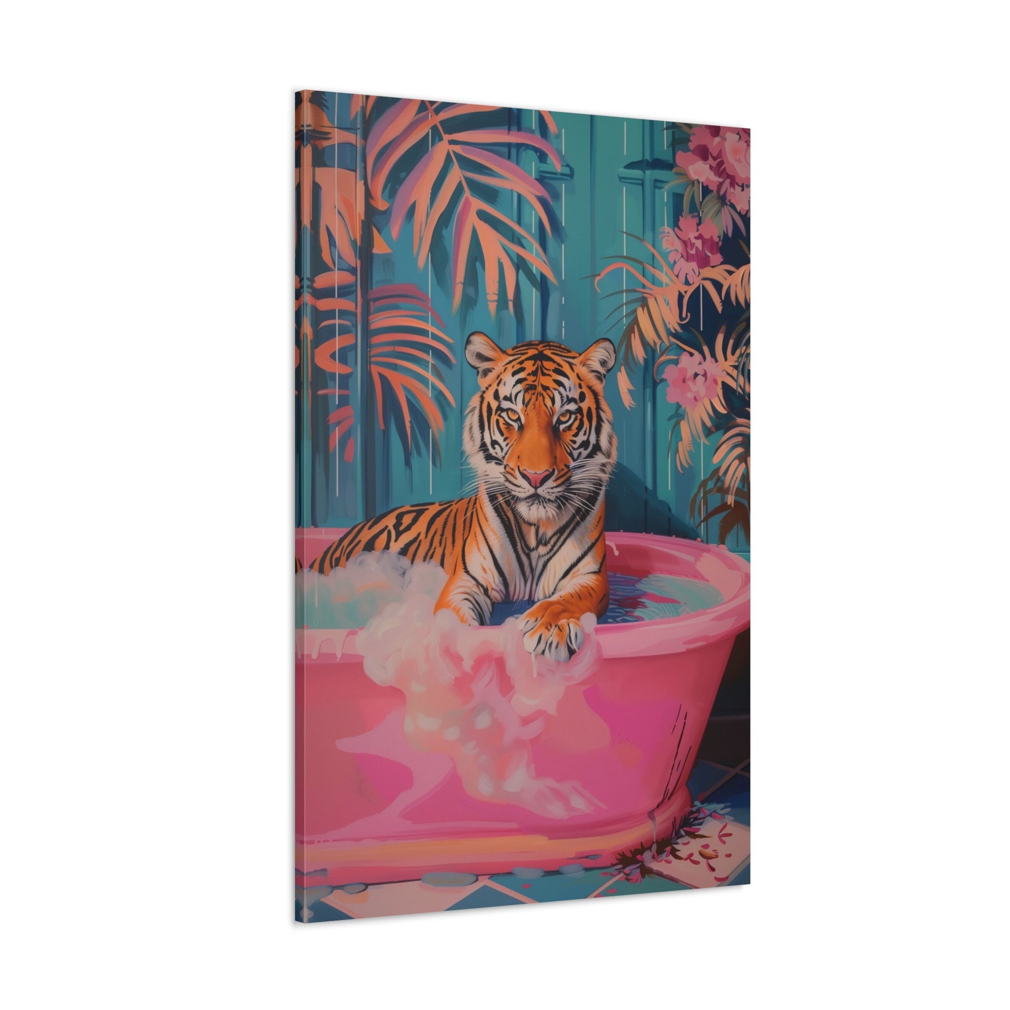 Tiger in Pink Bath Tub Maximalist Dopamine Bathroom Interactive Wall Art