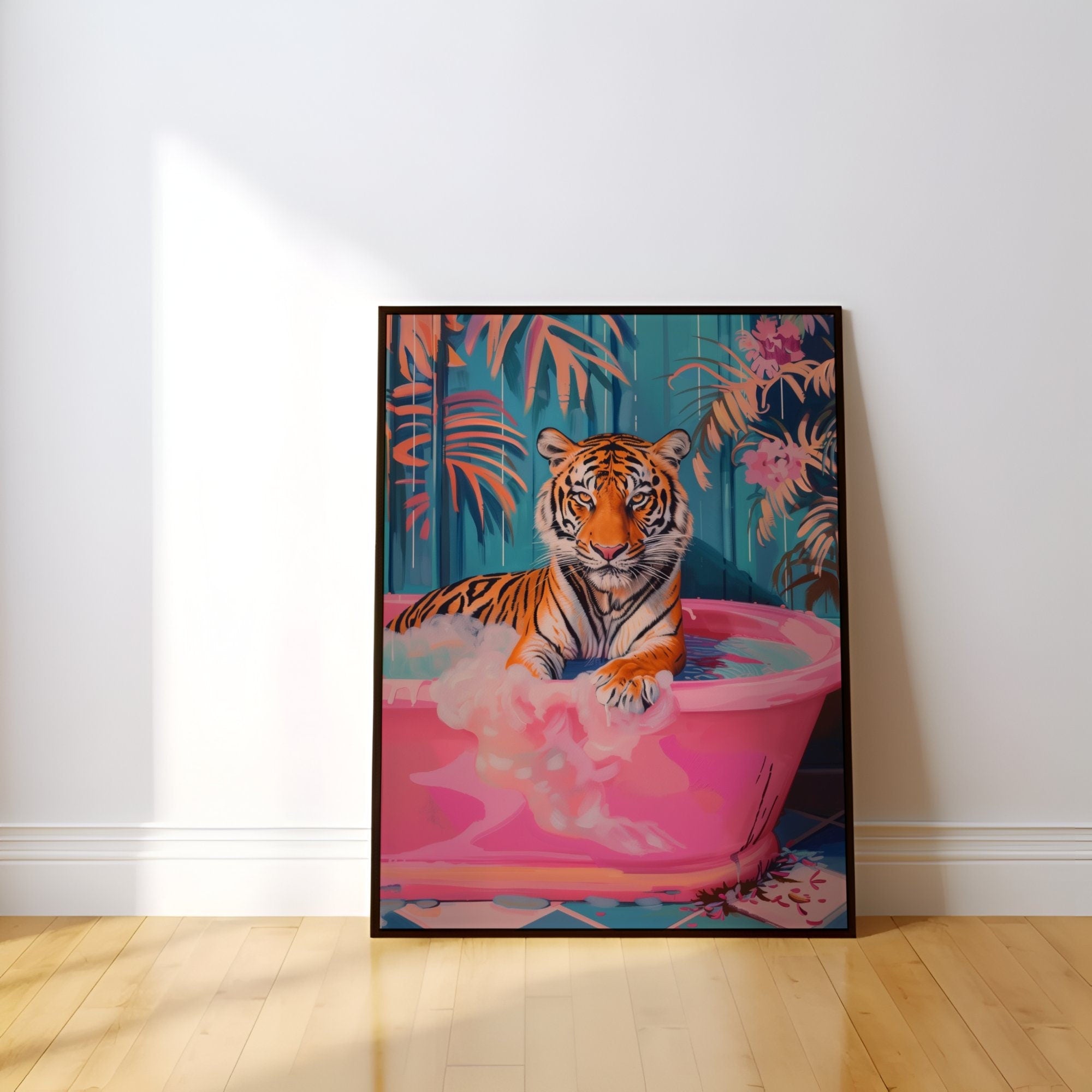 Tiger in Pink Bath Tub Maximalist Dopamine Bathroom Interactive Wall Art