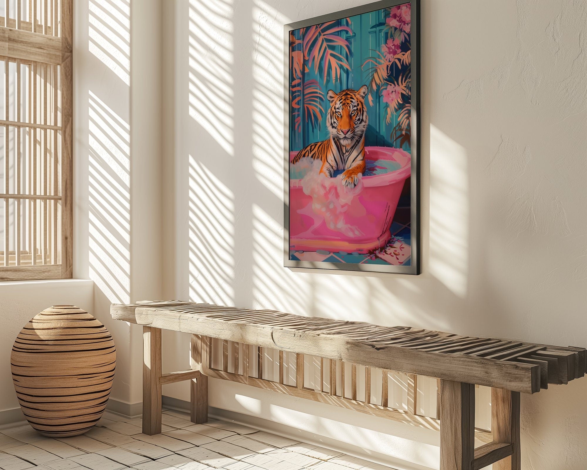 Tiger in Pink Bath Tub Maximalist Dopamine Bathroom Interactive Wall Art