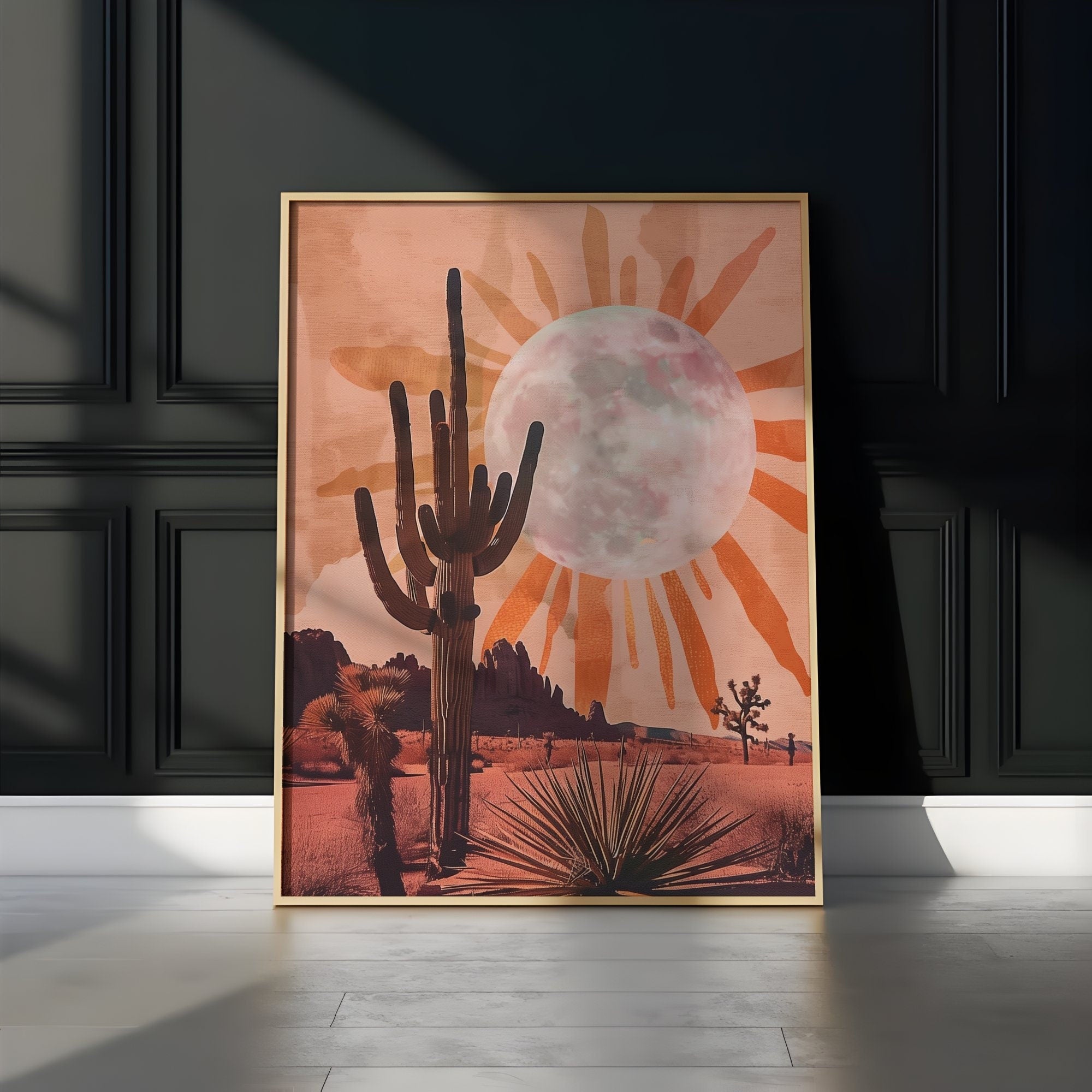 Desert Dream: Sun and Moon Cactus Art | Boho Southwest Joshua Tree Landscape