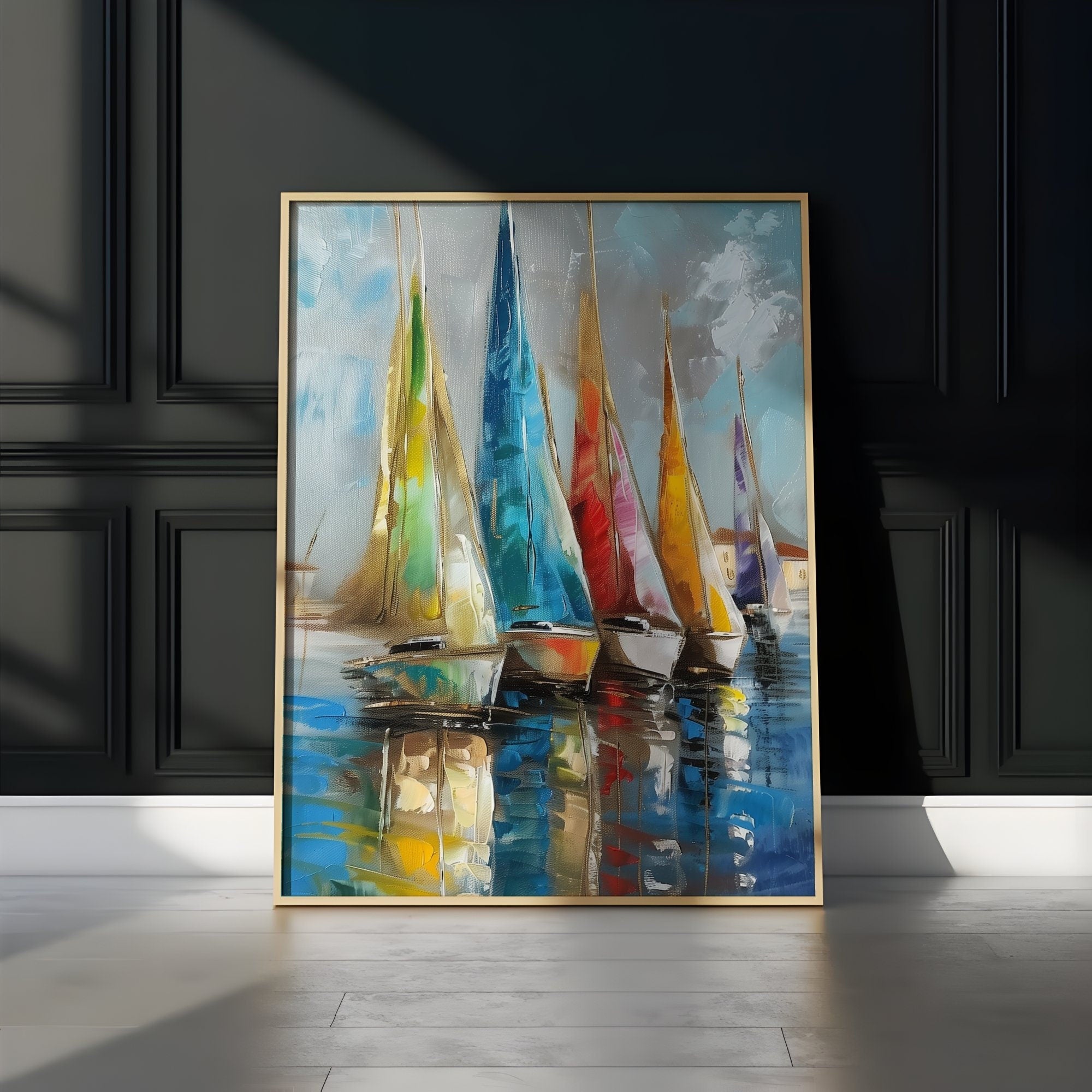 The Golden Fleet: Large Sailboat & Harbor Art | Gold Textured & Vibrant Coastal Decor