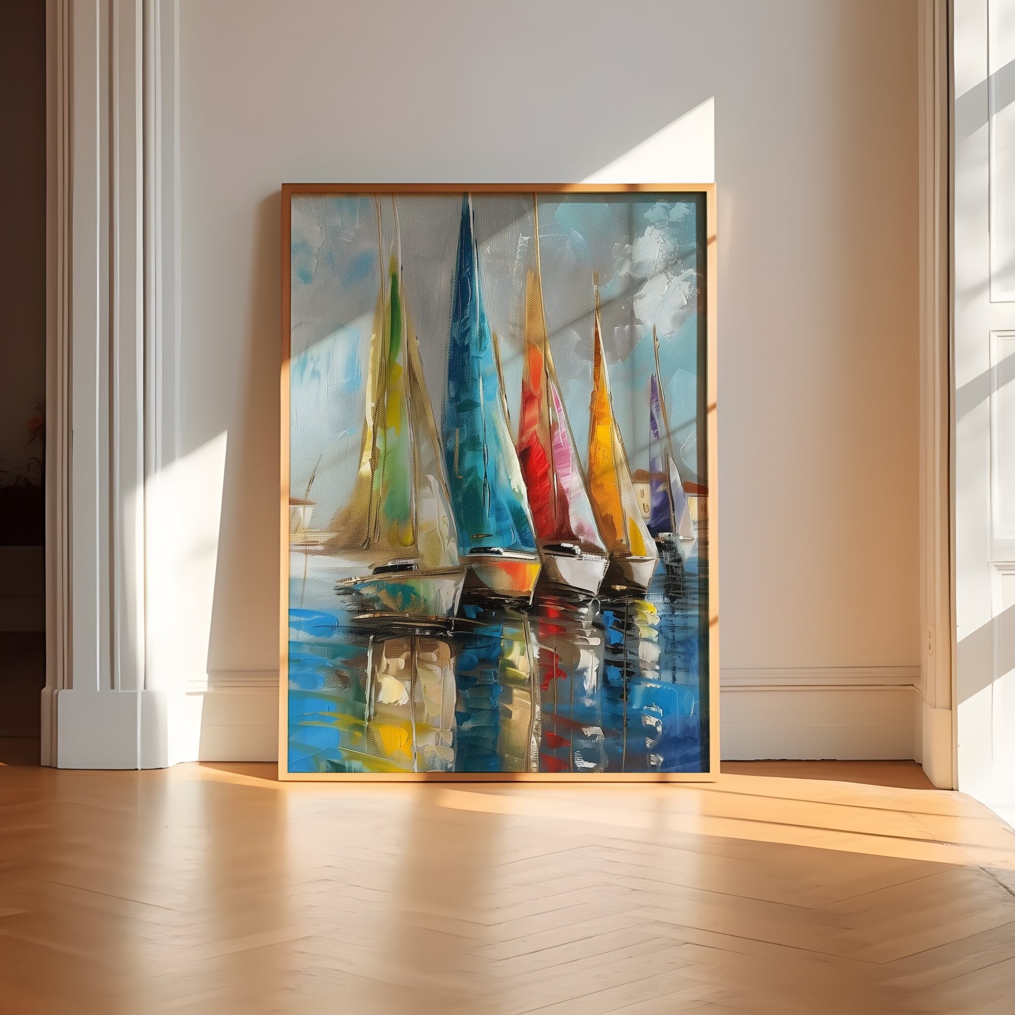 Colorful Sailboats in the Harbor Interactive Wall Art