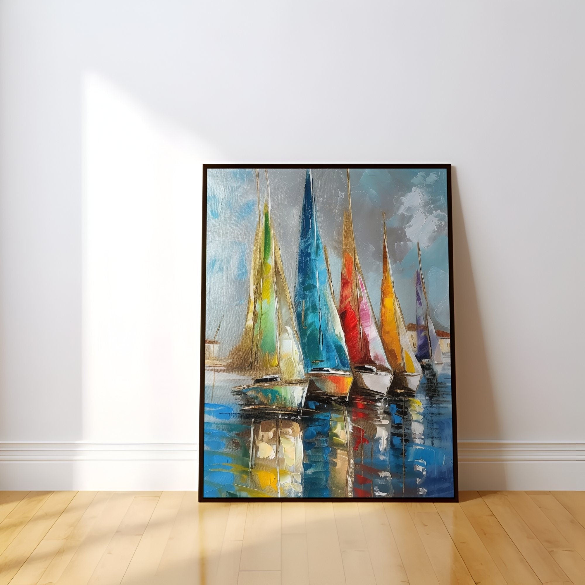 The Golden Fleet: Large Sailboat & Harbor Art | Gold Textured & Vibrant Coastal Decor