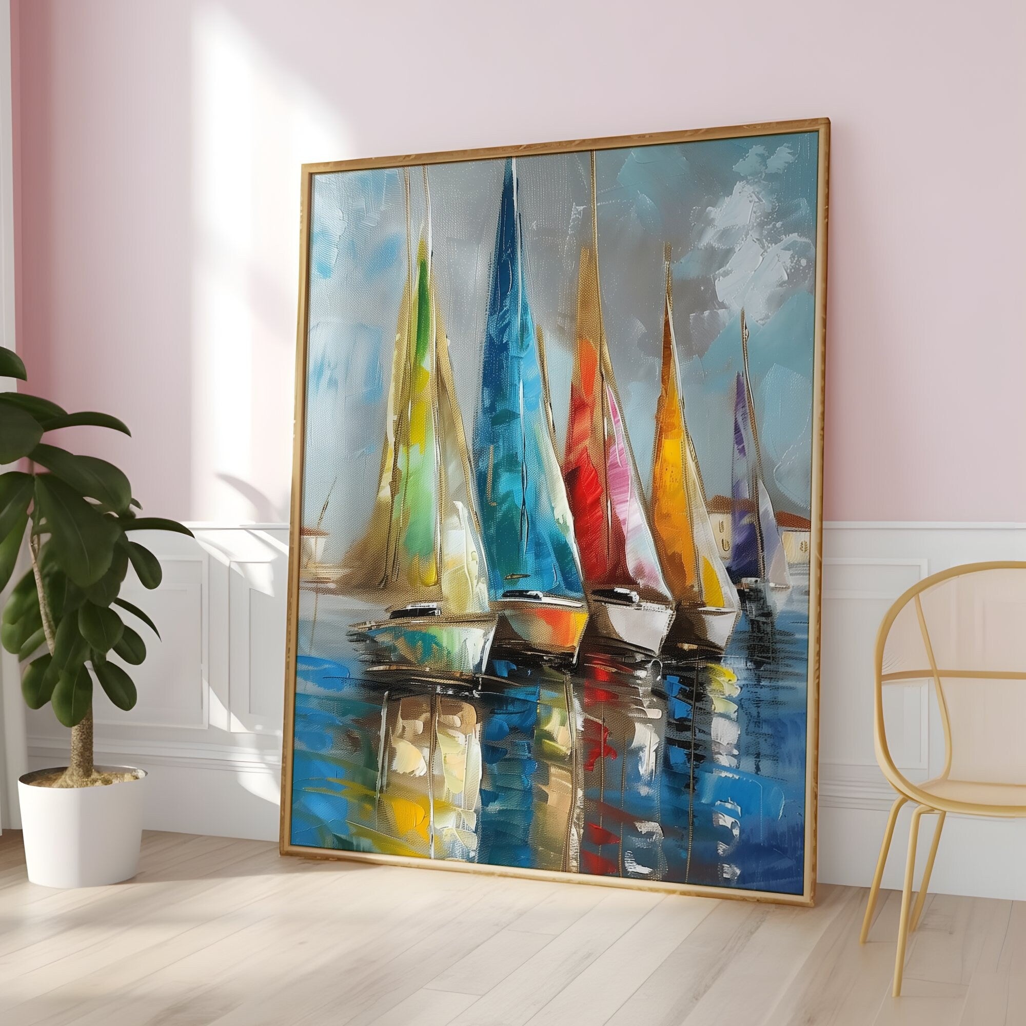 Colorful Sailboats in the Harbor Interactive Wall Art