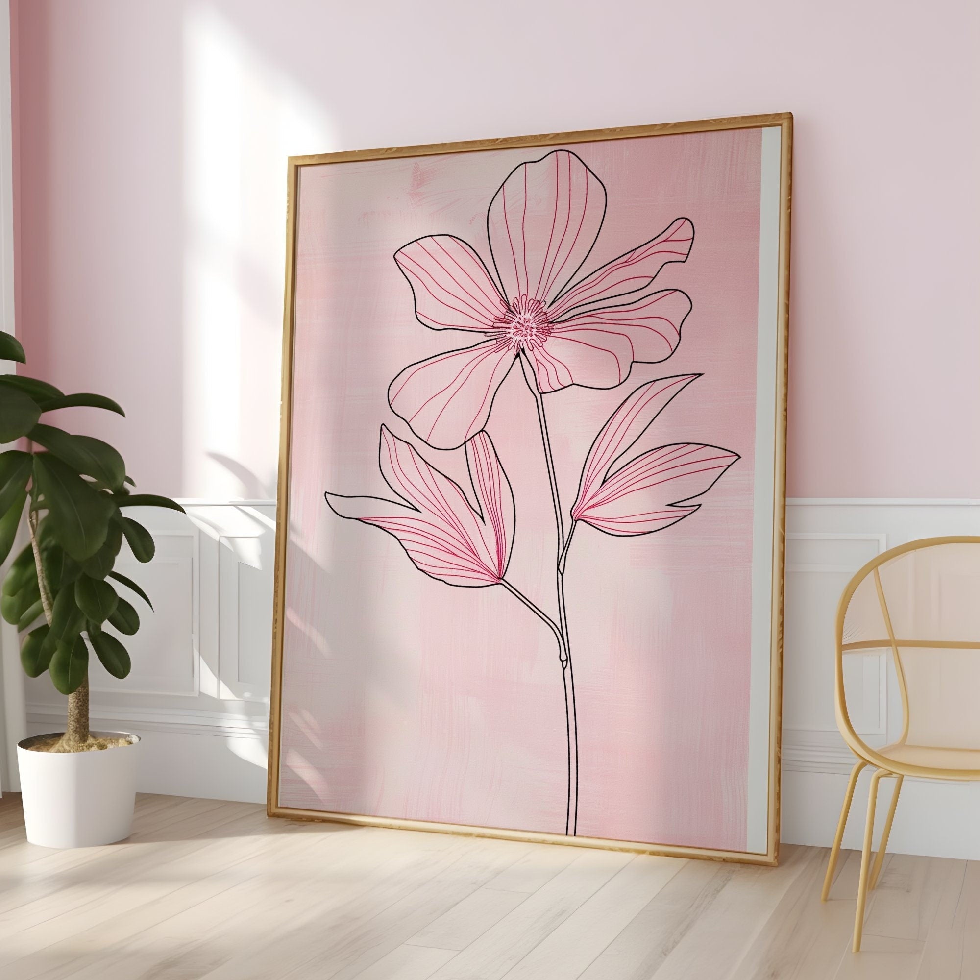 Blushing Botanicals: Elegant Pink Line Art Print | Chic & Minimalist Floral Wall Decor