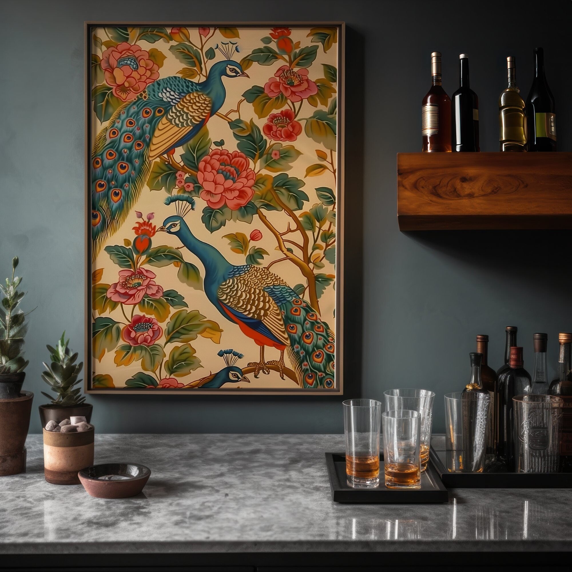 The Divine Dance: Pichwai Peacock & Floral Art | Serene Elegant Indian Wall Decor