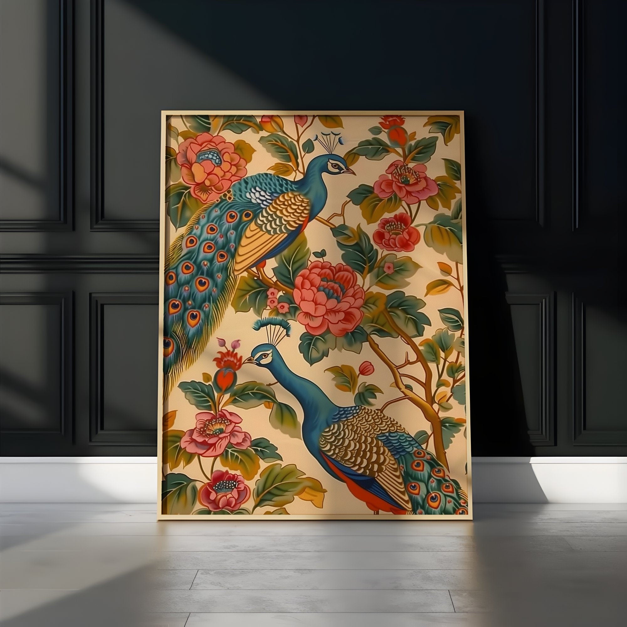 The Divine Dance: Pichwai Peacock & Floral Art | Serene Elegant Indian Wall Decor