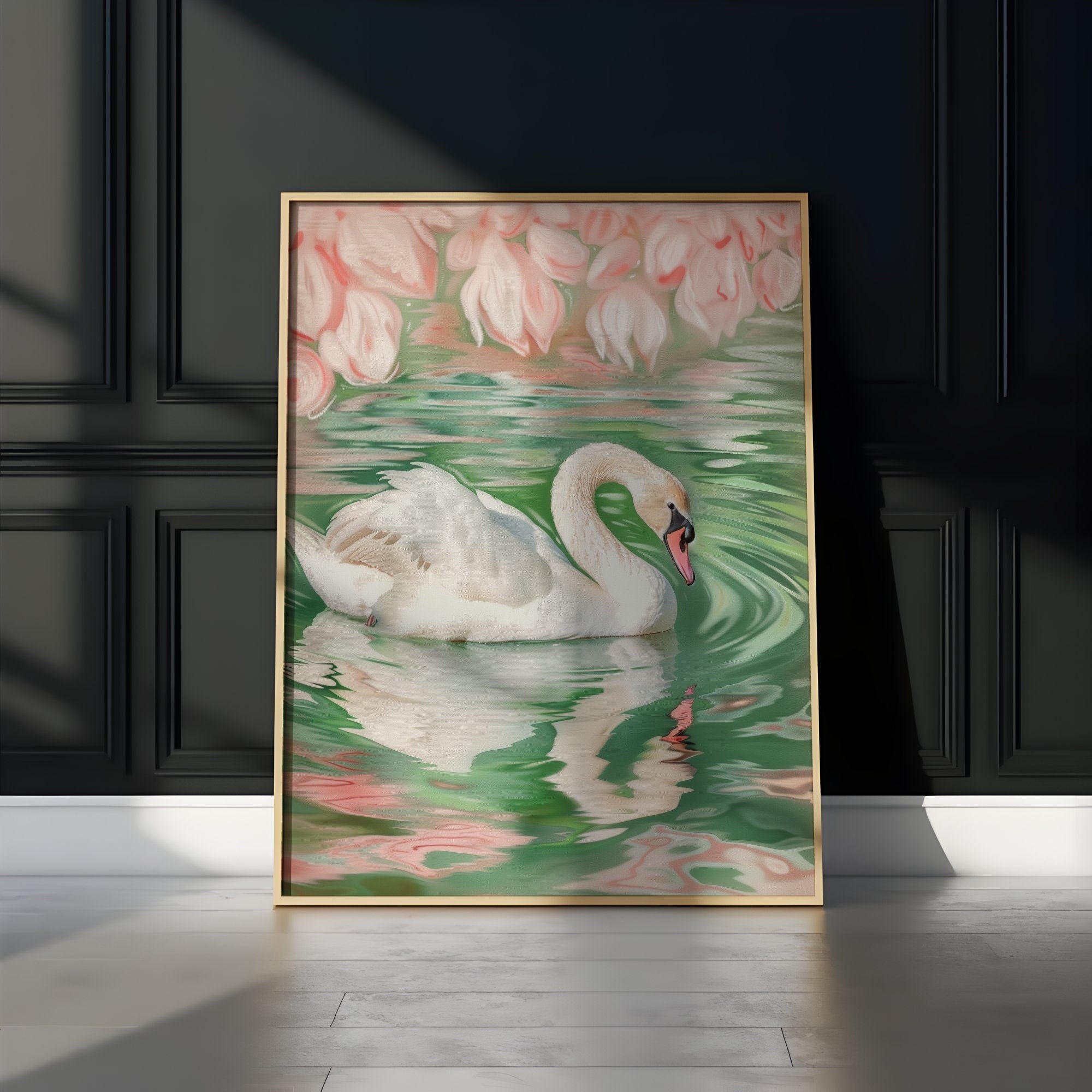 Swan in Water Art Soft Pink and Green Swan Illustration Interactive Wall Art