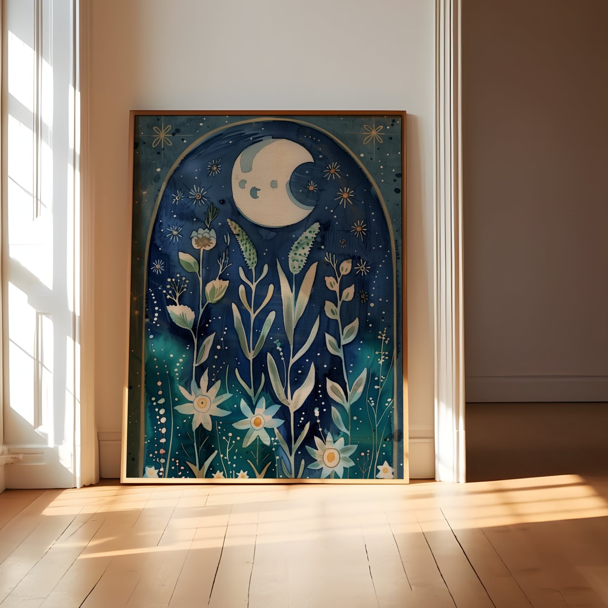 The Celestial Garden: Moon Phase & Floral Star Art | Boho, Spiritual & Vintage Wall Decor