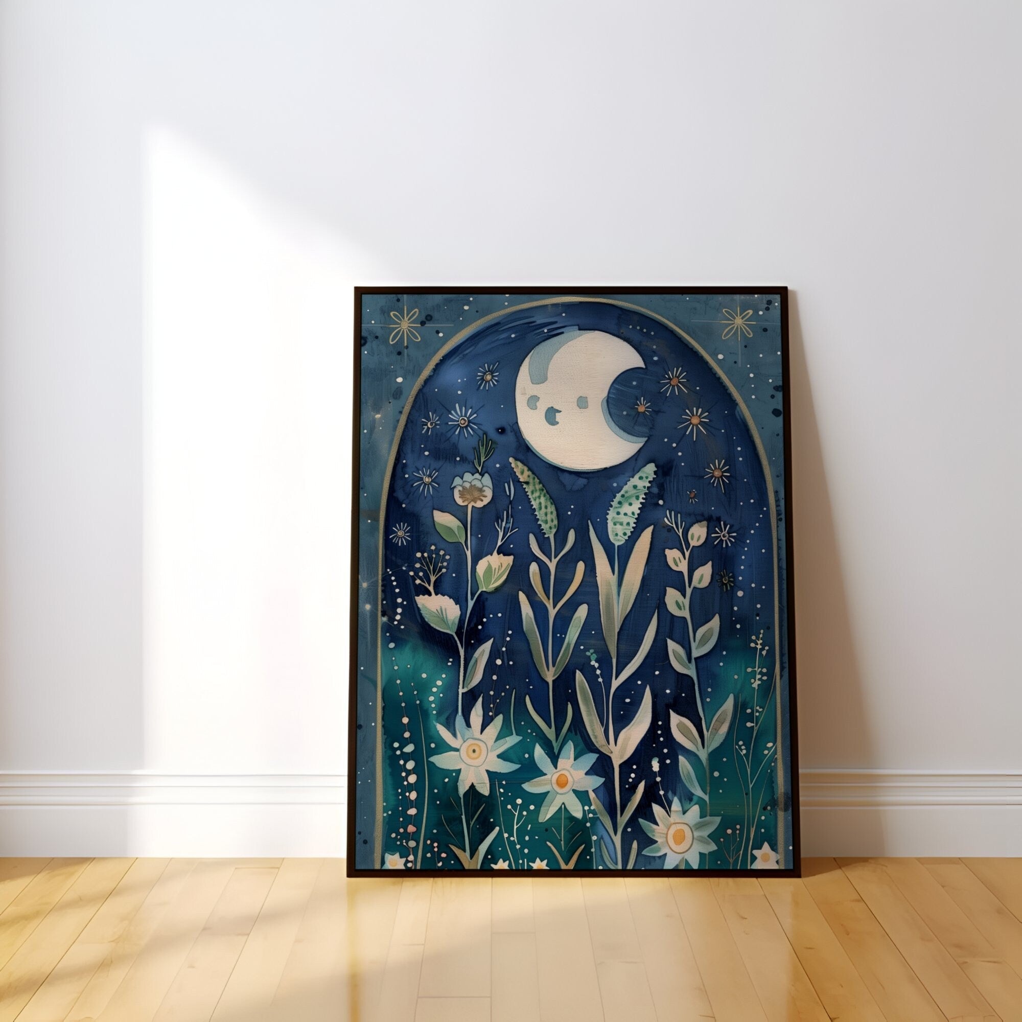 The Celestial Garden: Moon Phase & Floral Star Art | Boho, Spiritual & Vintage Wall Decor