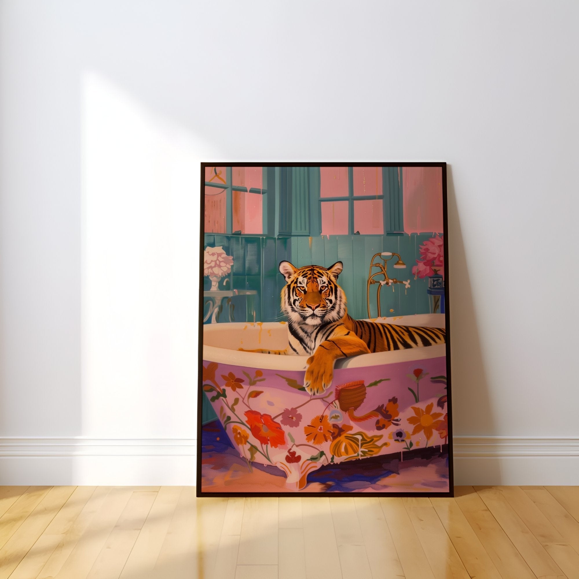 Preppy Tiger Art Maximalist Dopamine Tiger in Bath Interactive Wall Art