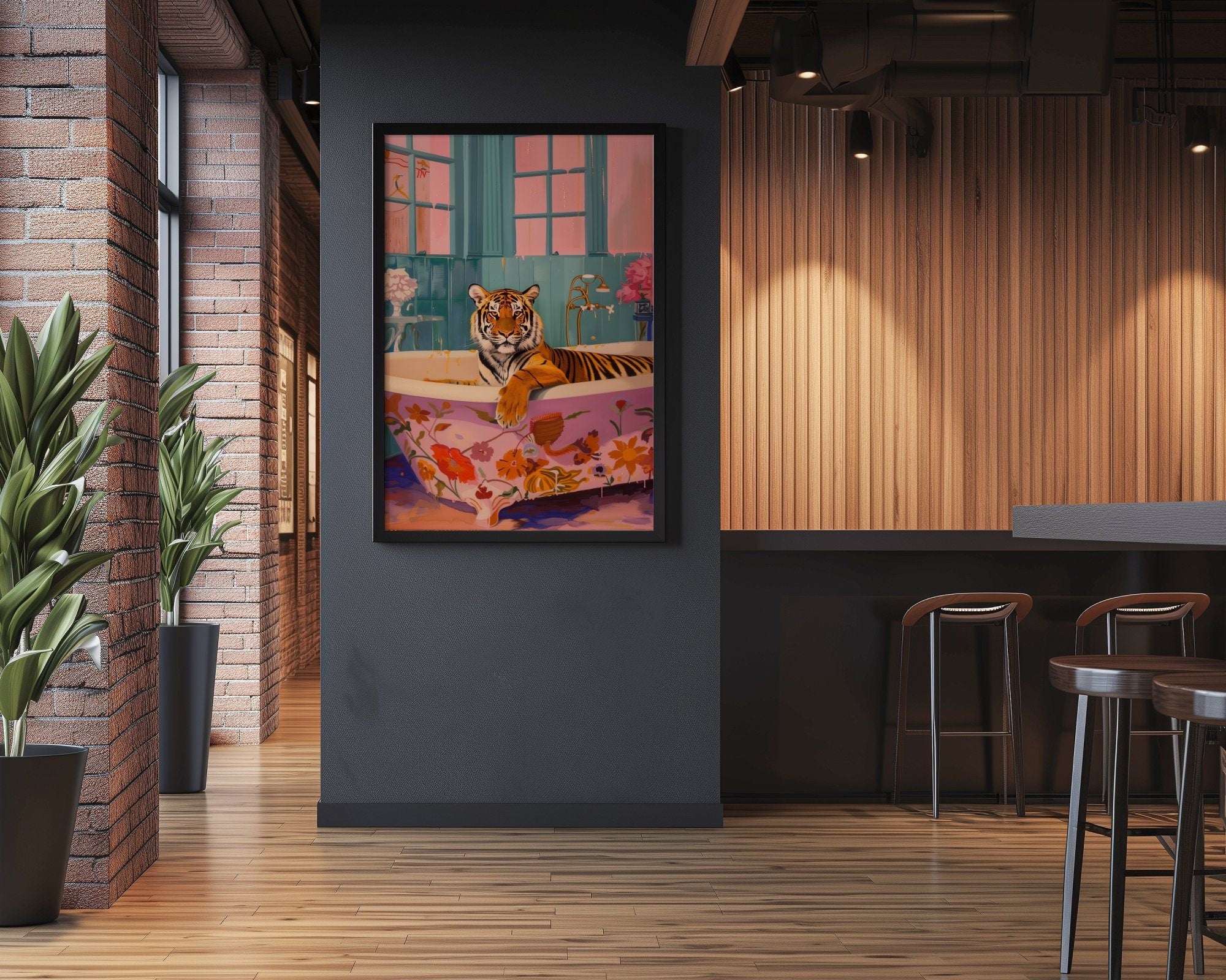 Preppy Tiger Art Maximalist Dopamine Tiger in Bath Interactive Wall Art