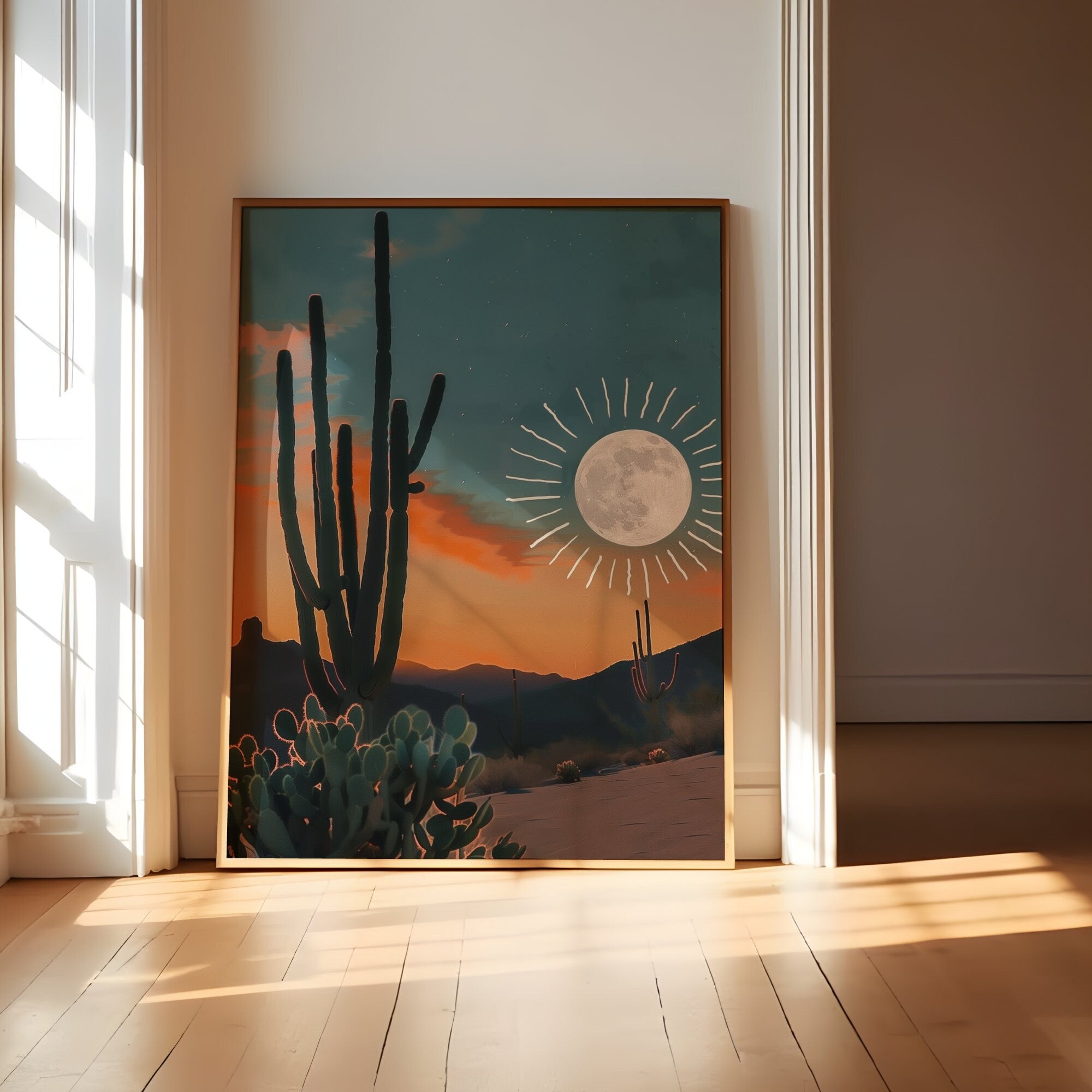 Desert Dream: Sun and Moon Cactus Art | Boho Southwest Joshua Tree Landscape