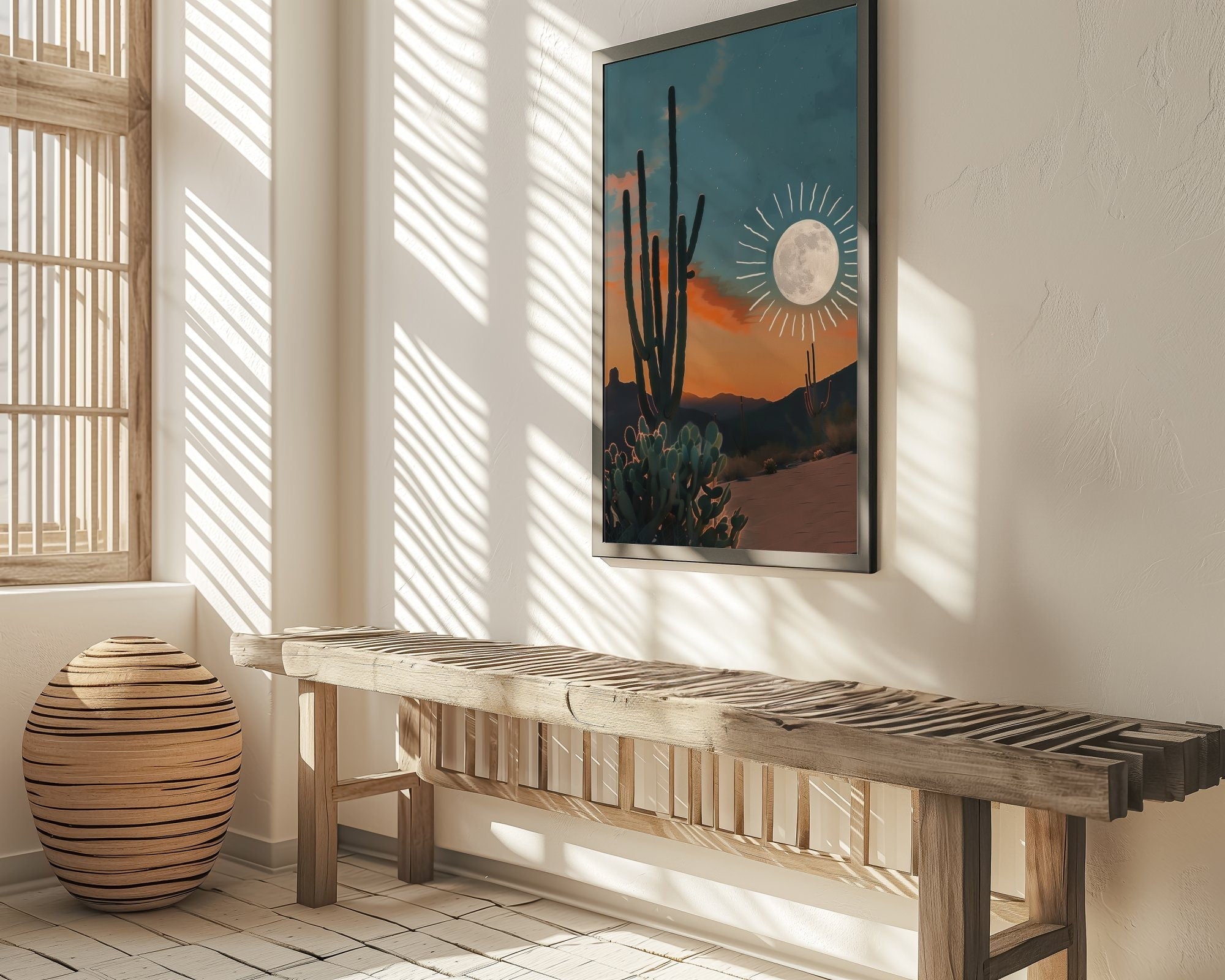 Desert Dream: Sun and Moon Cactus Art | Boho Southwest Joshua Tree Landscape
