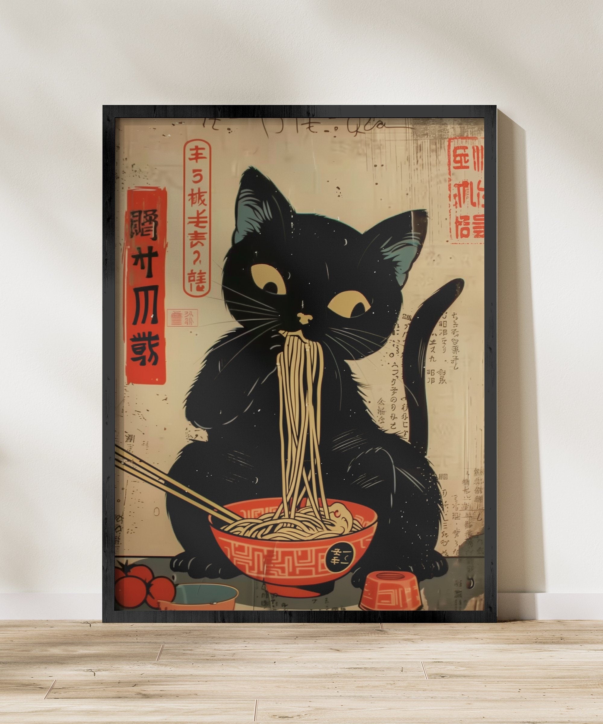 The Noodle Master: Whimsical Black Cat & Ramen Art | Japanese Edo Period, Modern Farmhouse Decor