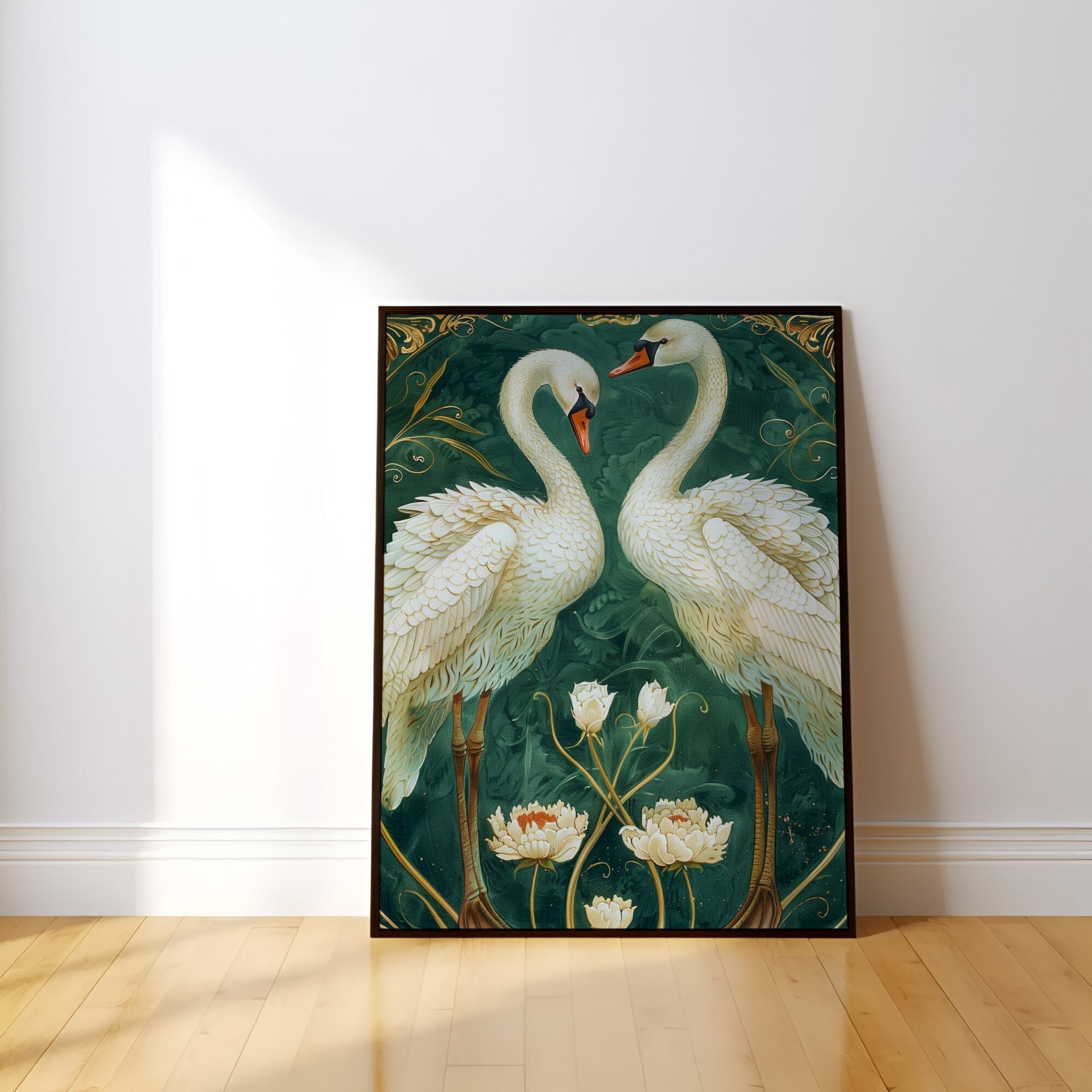 Vintage White Swans Emerald Green Interactive Wall Art