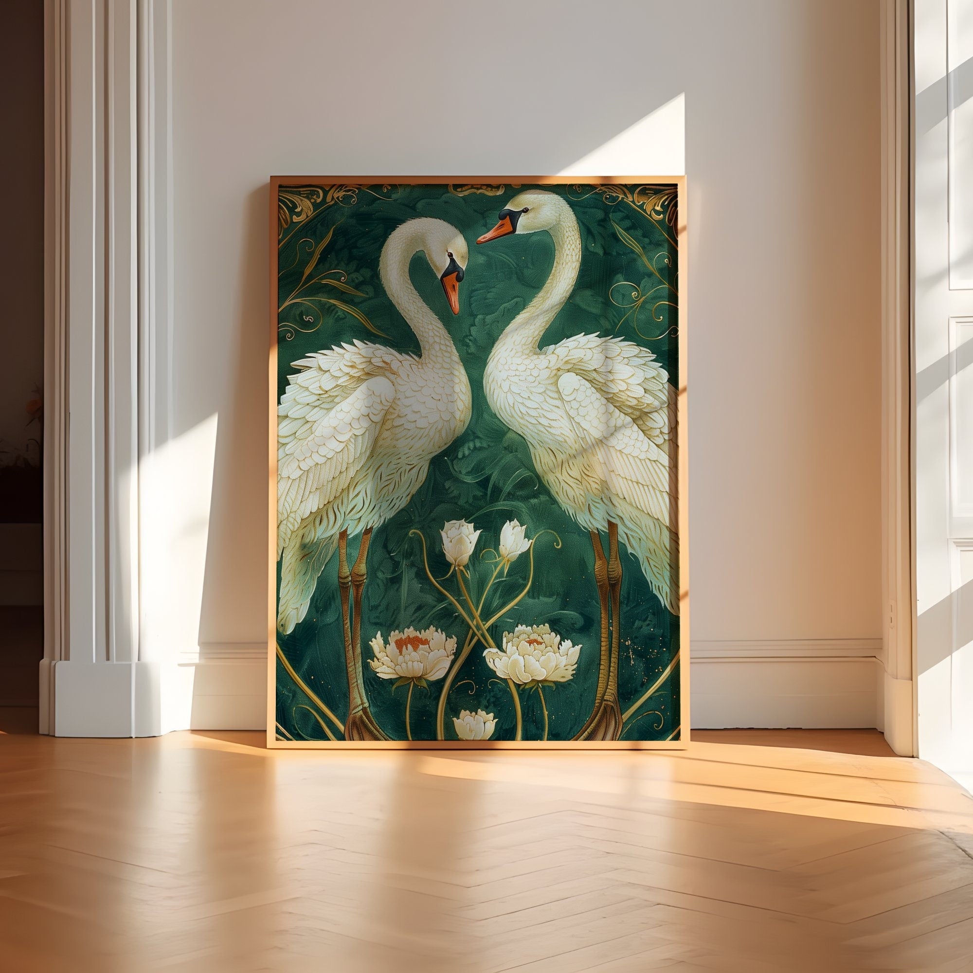 Vintage White Swans Emerald Green Interactive Wall Art