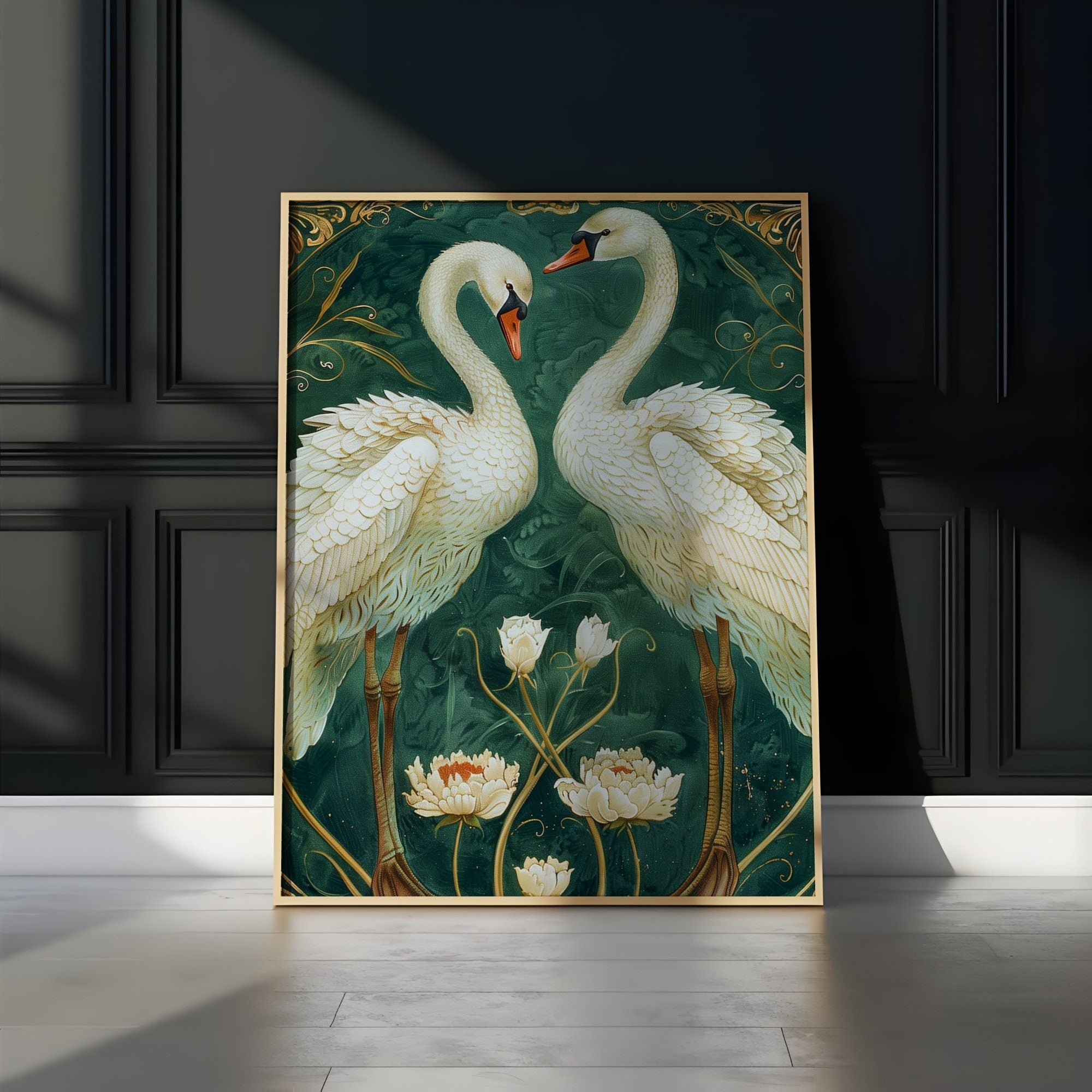 Vintage White Swans Emerald Green Interactive Wall Art