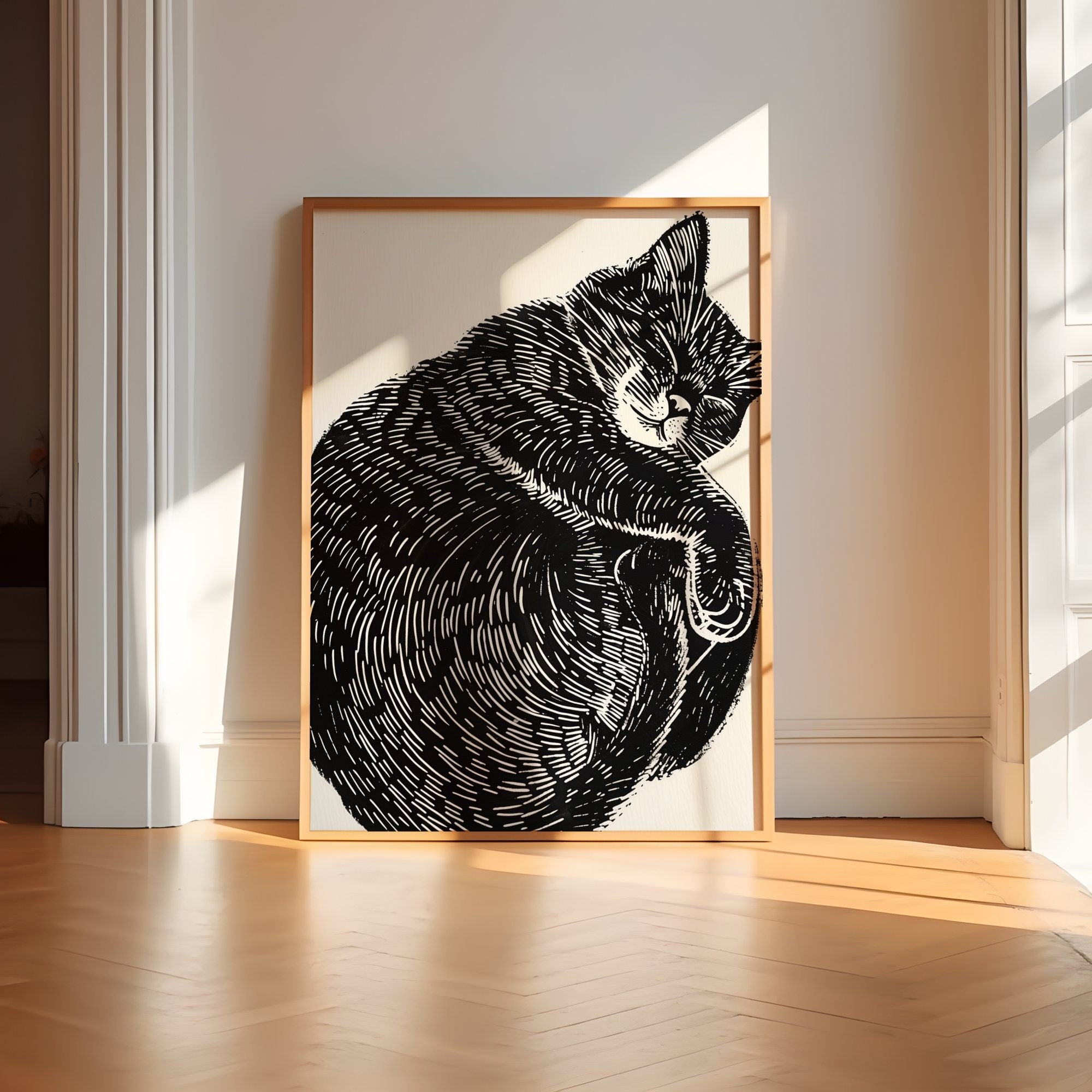 Whimsical Cat Nap Original Linocut Interactive Wall Art