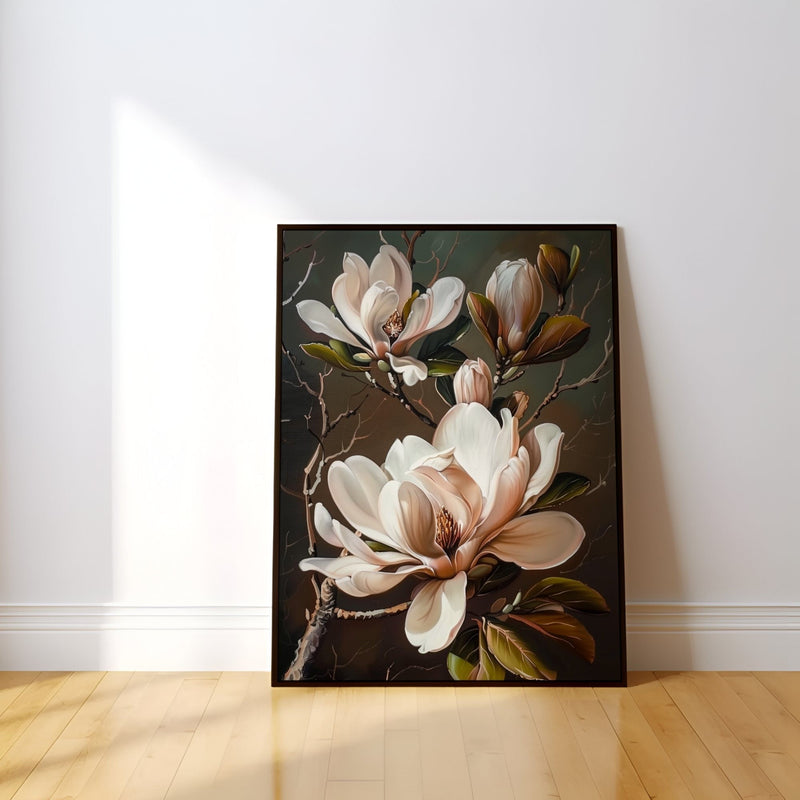 Magnolia Blossom Art – Vintage Floral Wall Decor | Moody Flower Canvas Print