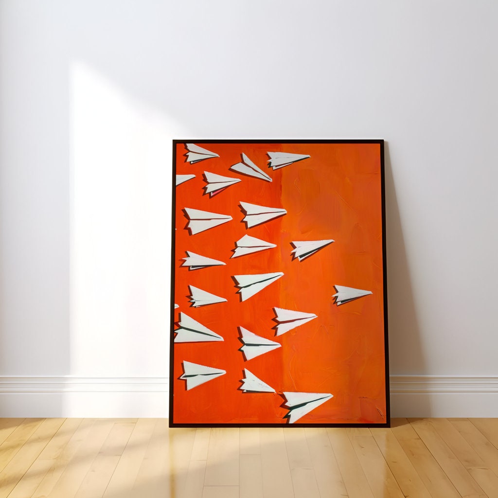 The Fleet: Playful Paper Airplane Art on Vibrant Orange | Modern & Inspirational Wall Decor