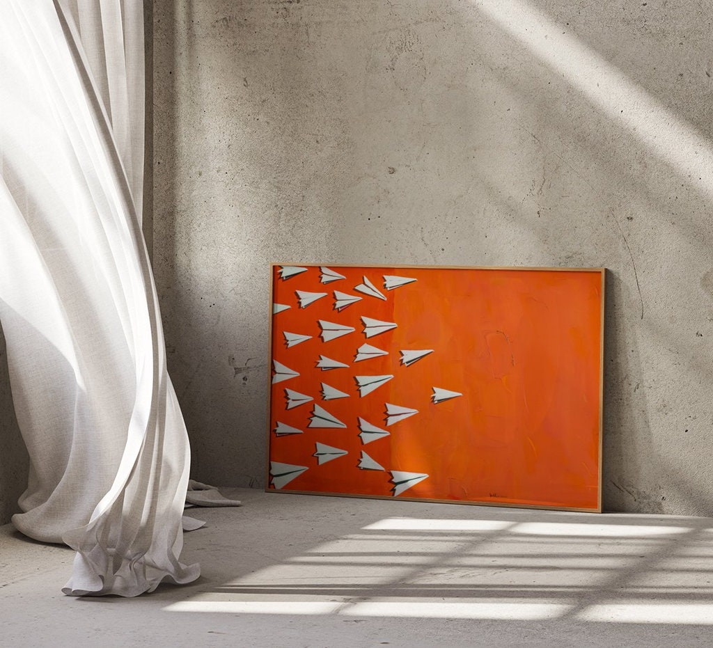 The Fleet: Playful Paper Airplane Art on Vibrant Orange | Modern & Inspirational Wall Decor