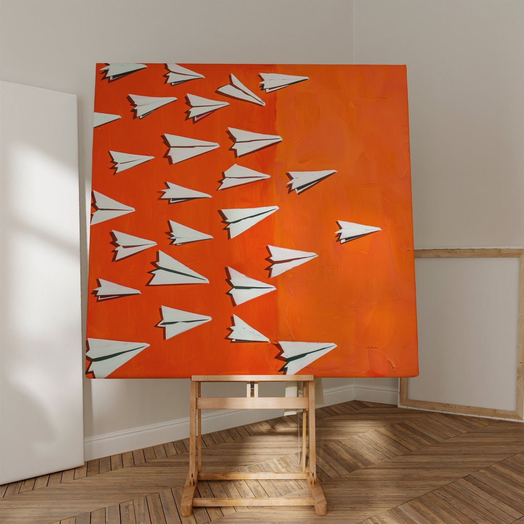 The Fleet: Playful Paper Airplane Art on Vibrant Orange | Modern & Inspirational Wall Decor