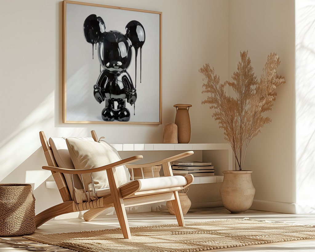 Photorealistic Black Mouse Sculpture Glossy and Dripping Wet Interactive Wall Art