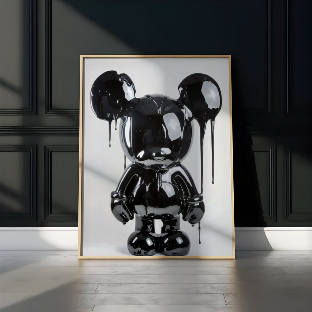 Photorealistic Black Mouse Sculpture Glossy and Dripping Wet Interactive Wall Art