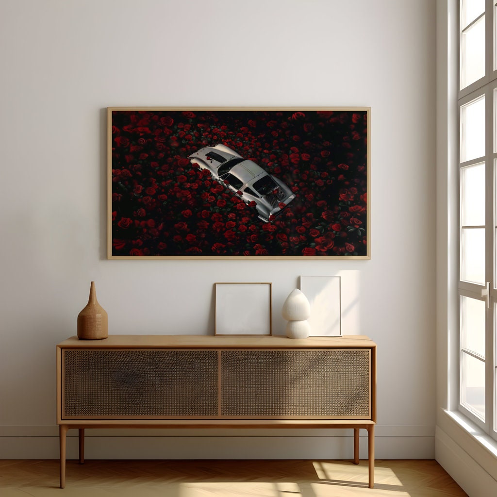 Vintage Car Amidst Red Roses Cinematic Romantic Interactive Wall Art