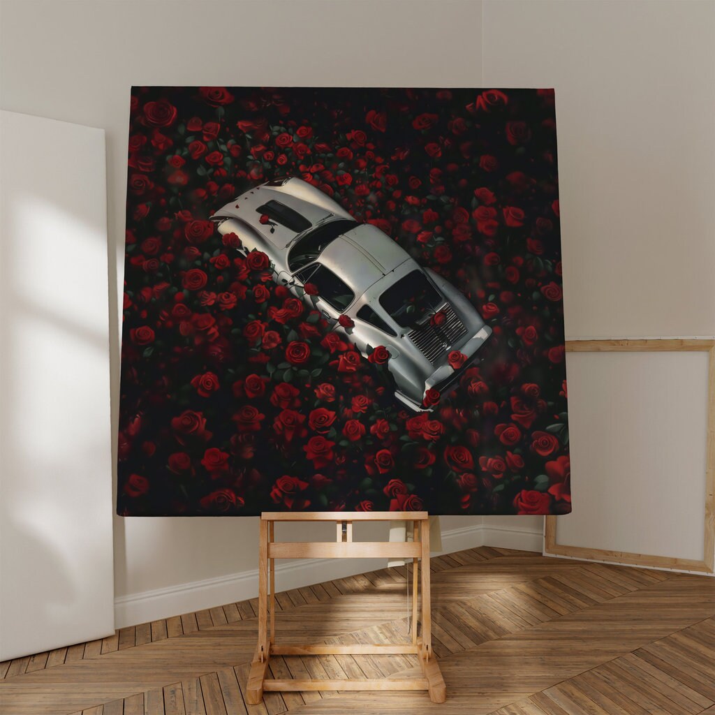 Vintage Car Amidst Red Roses Cinematic Romantic Interactive Wall Art