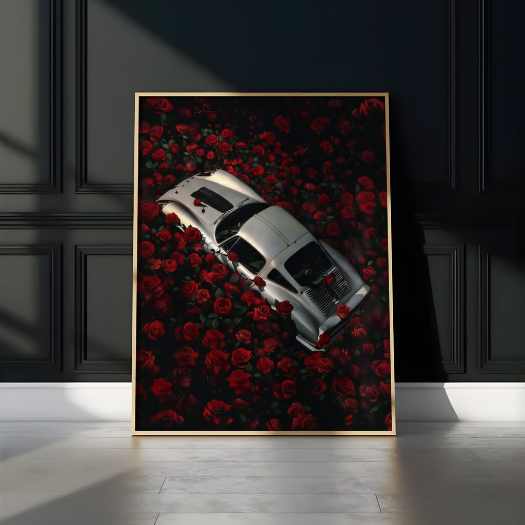 Vintage Car Amidst Red Roses Cinematic Romantic Interactive Wall Art