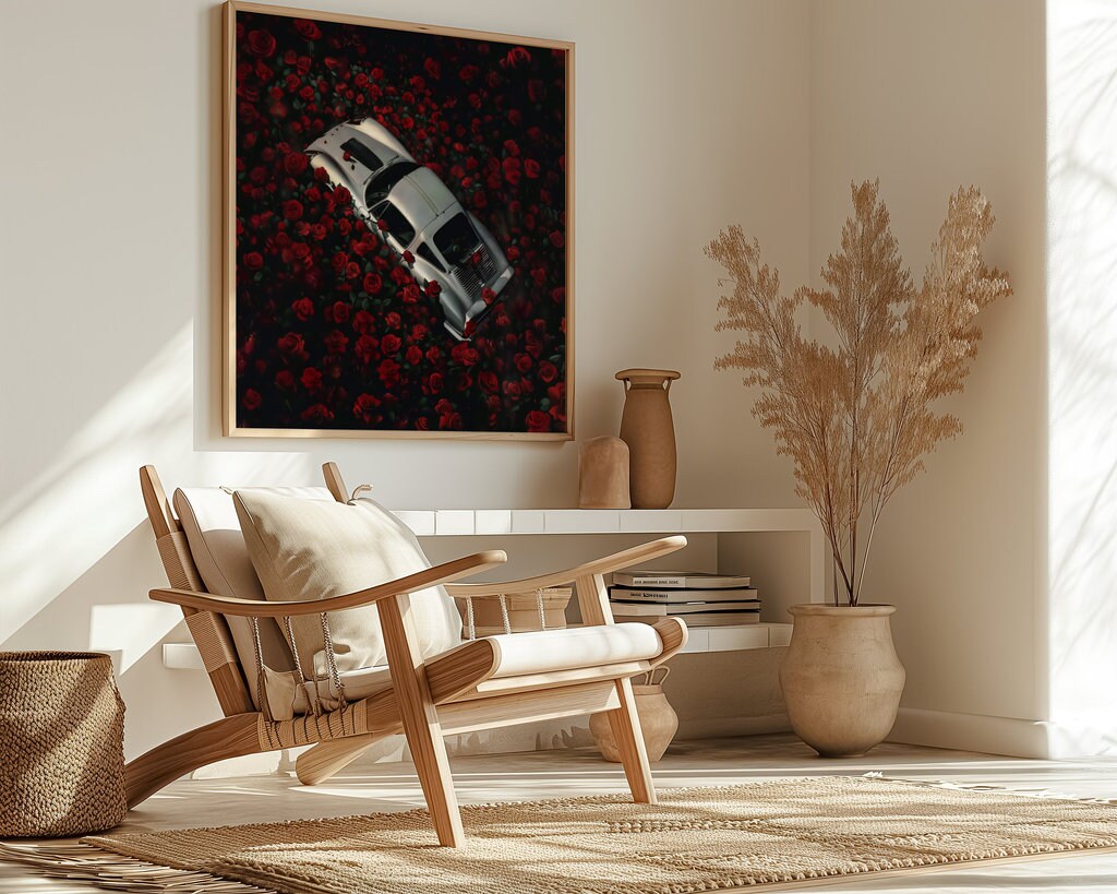 Vintage Car Amidst Red Roses Cinematic Romantic Interactive Wall Art