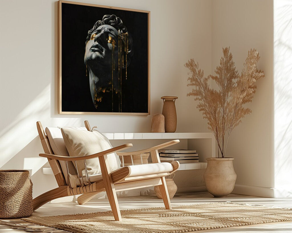 Surreal Portrait of with Glowing Gold Eyes Cinematic Lighting Interactive Wall Art