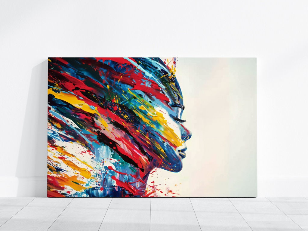 Vibrant Abstract Face Expressive Brushstrokes and Splatters Interactive Wall Art