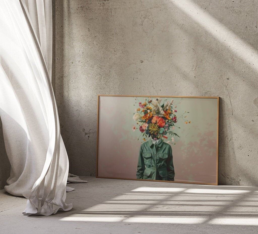 The Blooming Mind: Surreal Flower Head Portrait | Whimsical & Modern Wall Art
